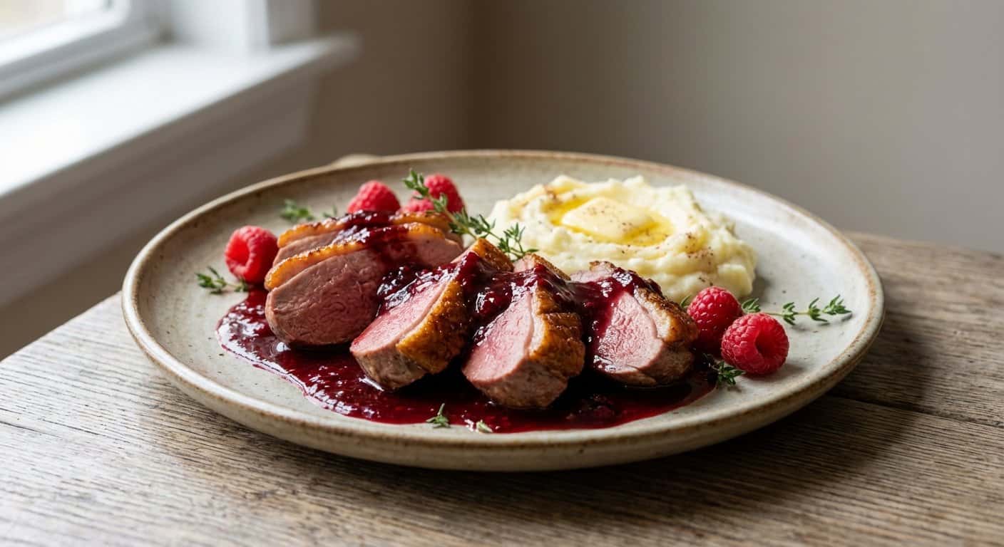 Pechuga de pato con salsa de frambuesa reducida sin azúcar