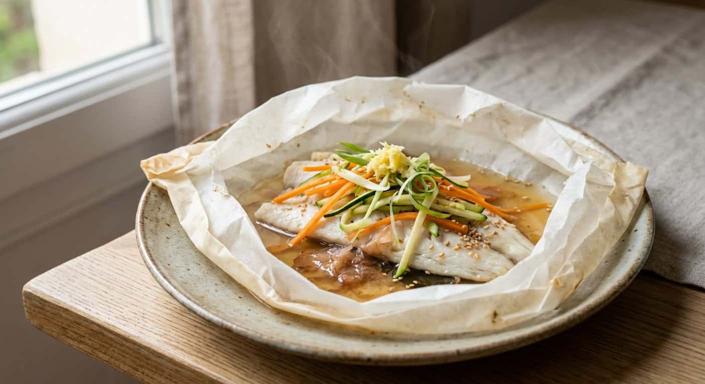 Pescado blanco en papillote con verduras al dashi