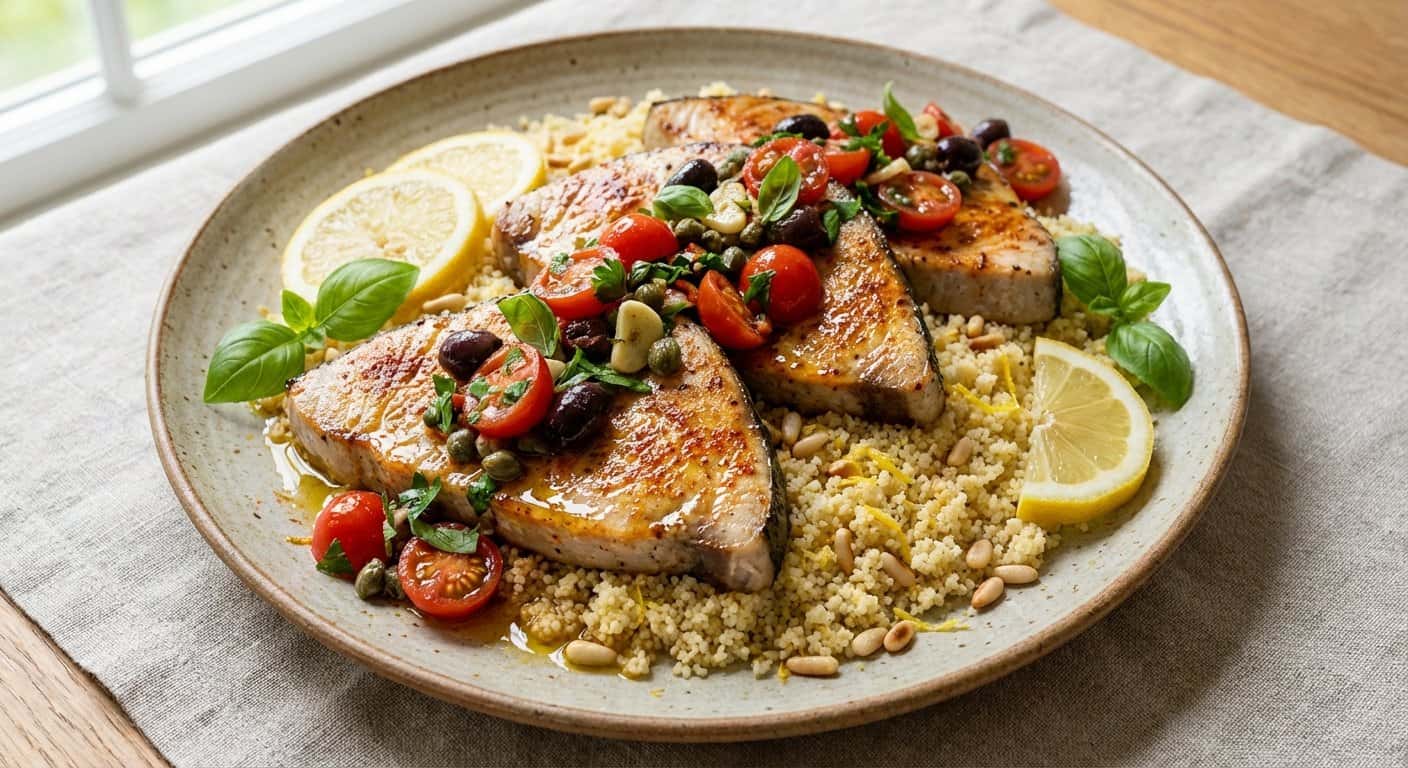 Pez espada al estilo mediterráneo con couscous