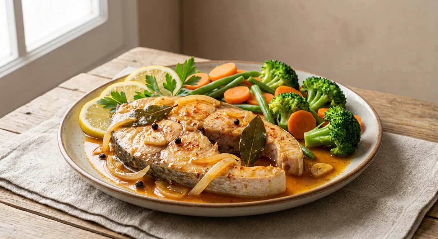 Pez Espada en Escabeche con Verduras al Vapor
