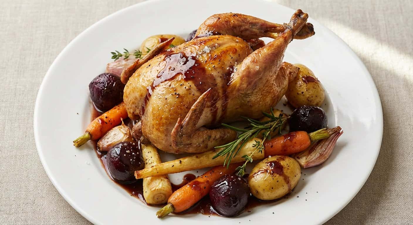 Pichón Asado con Reducción de Vino Tinto y Raíces