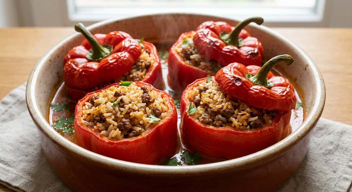 Pimientos Rellenos de Arroz y Carne Picada