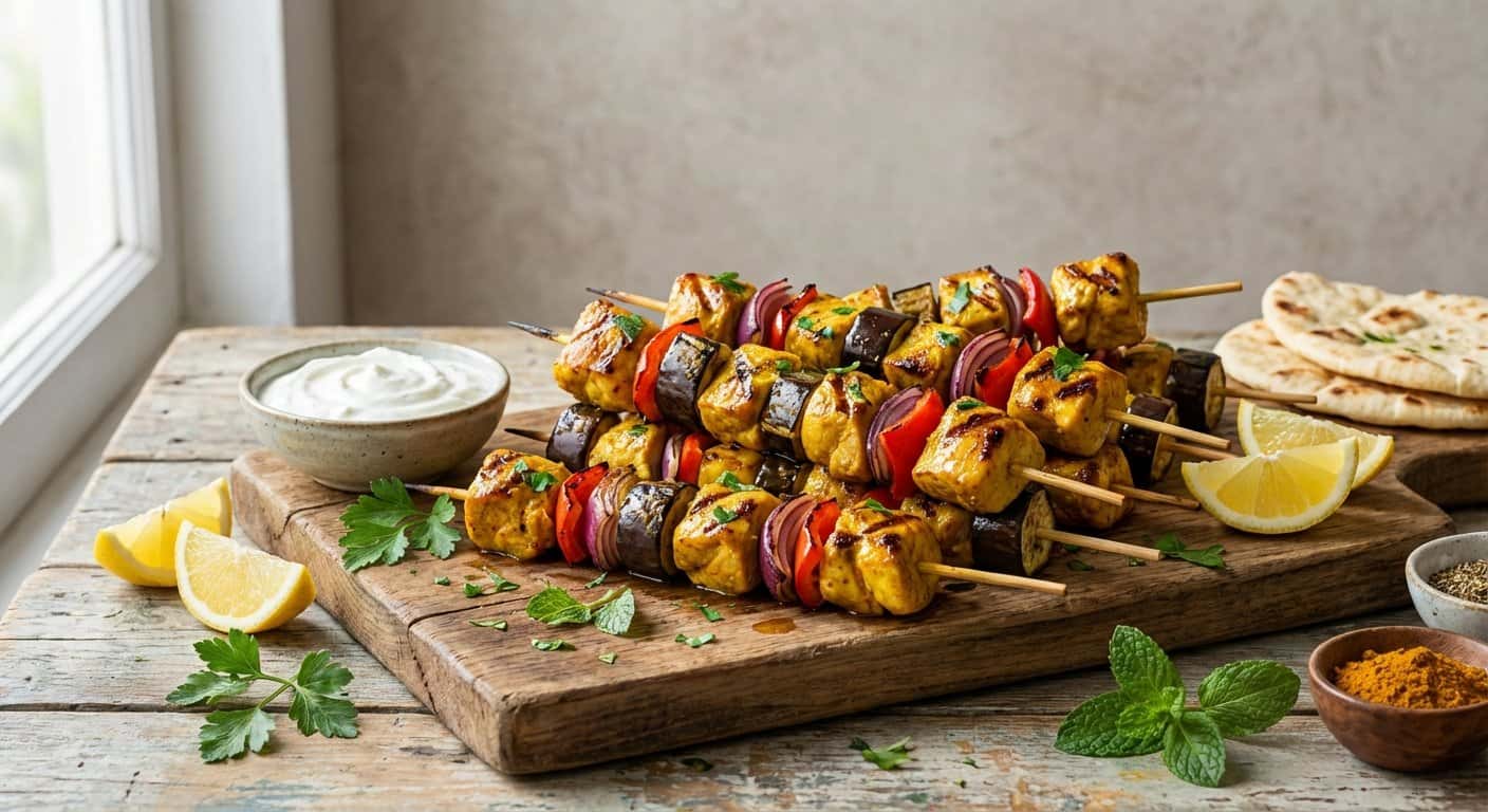 Pinchos de Pollo Marinados con Cúrcuma y Berenjena