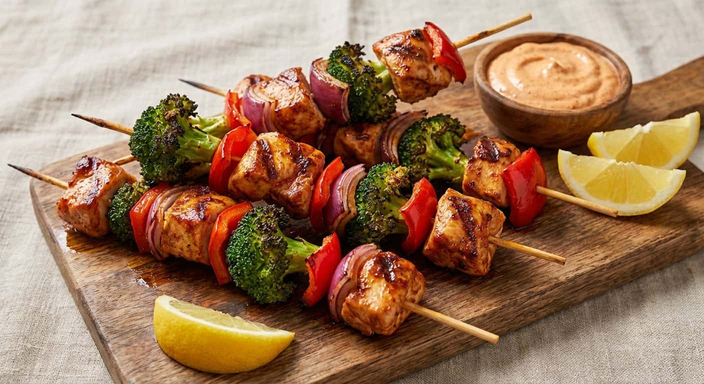Pinchos de Pollo Marinados con Pimentón Dulce y Brócoli
