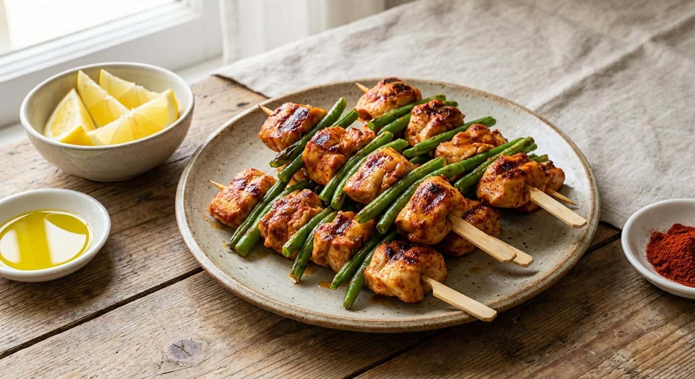 Pinchos de Pollo Marinados con Pimentón Dulce y Judías Verdes