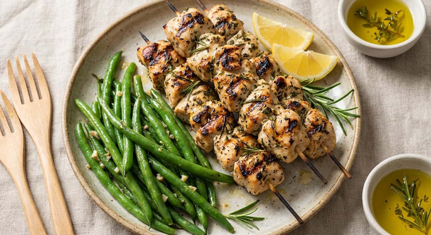 Pinchos de Pollo Mediterráneo con Judías Verdes