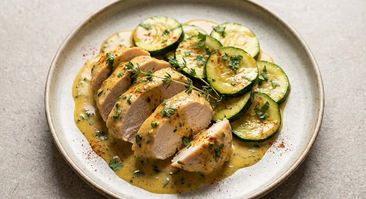 Pollo a baja temperatura con calabacín y salsa de coco ligero