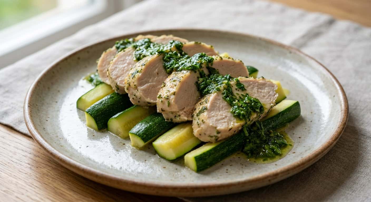 Pollo a baja temperatura con calabacín y salsa de hierbas en Thermomix