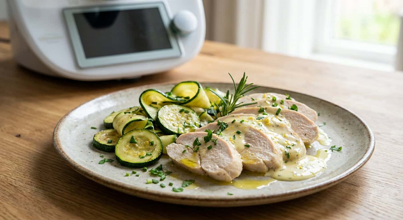 Pollo a baja temperatura con calabacín y salsa de limón en Thermomix