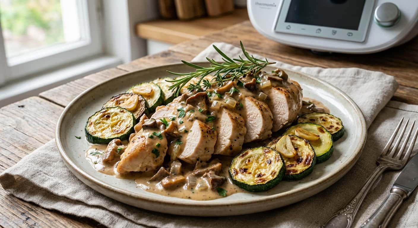 Pollo a baja temperatura con calabacín y salsa de setas en Thermomix