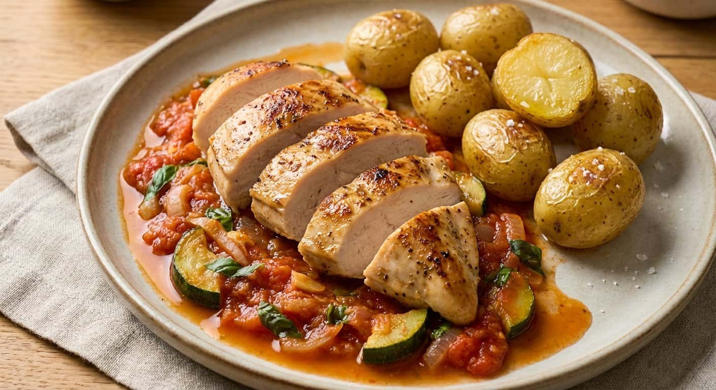 Pollo a baja temperatura con calabacín y salsa de tomate en Thermomix