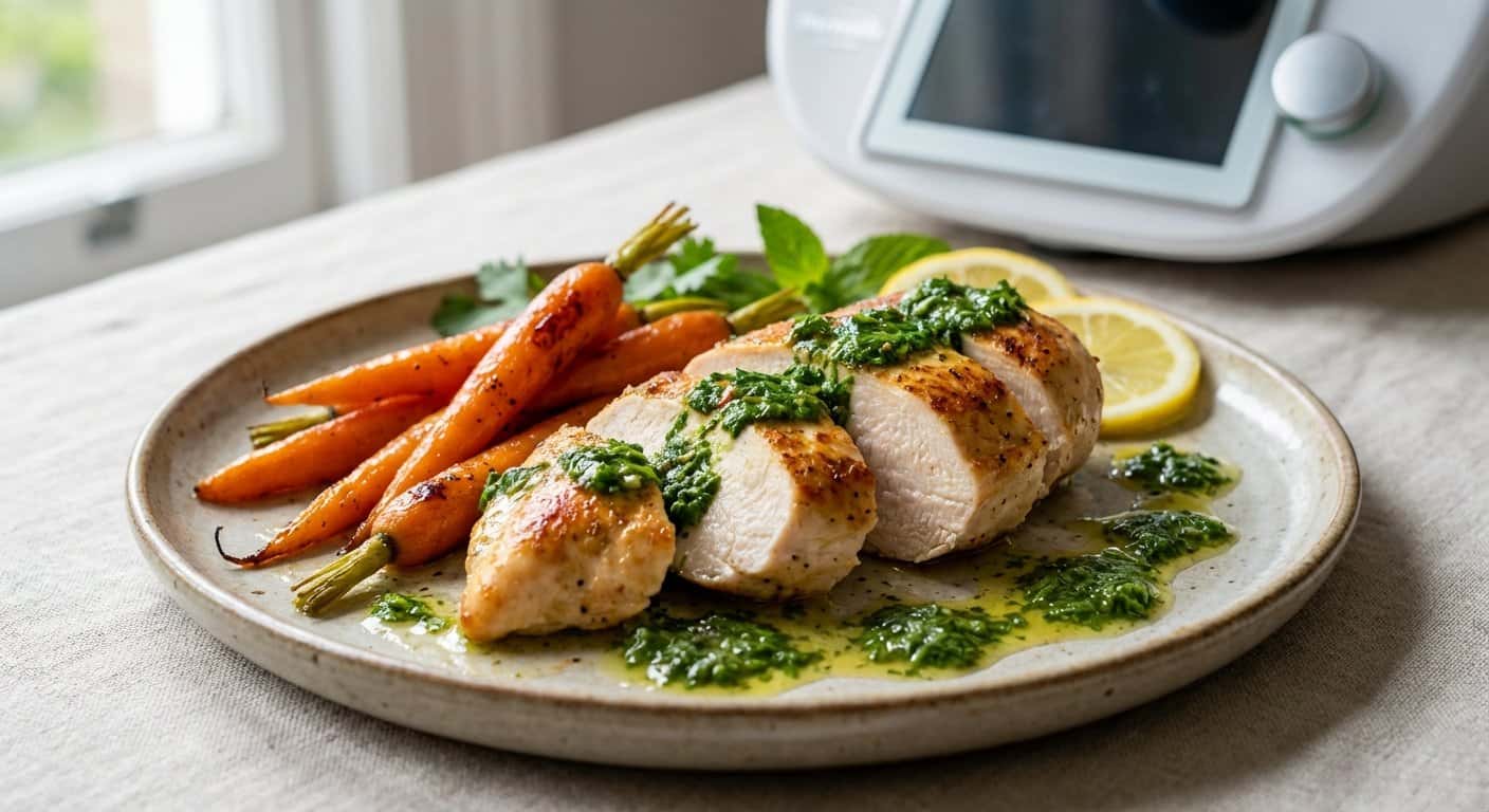 Pollo a baja temperatura con zanahoria y salsa de hierbas en Thermomix