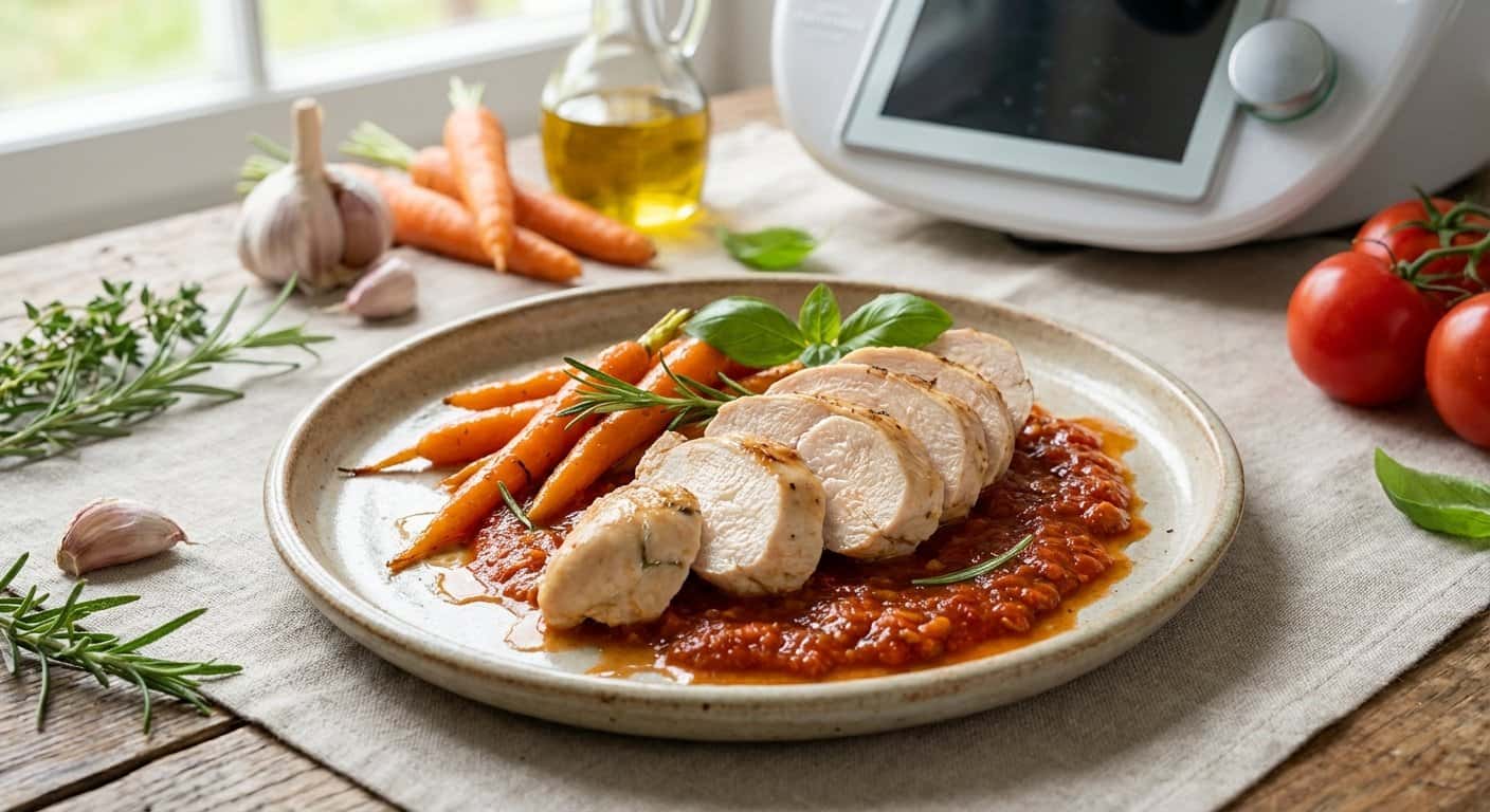 Pollo a baja temperatura con zanahoria y salsa de tomate en Thermomix