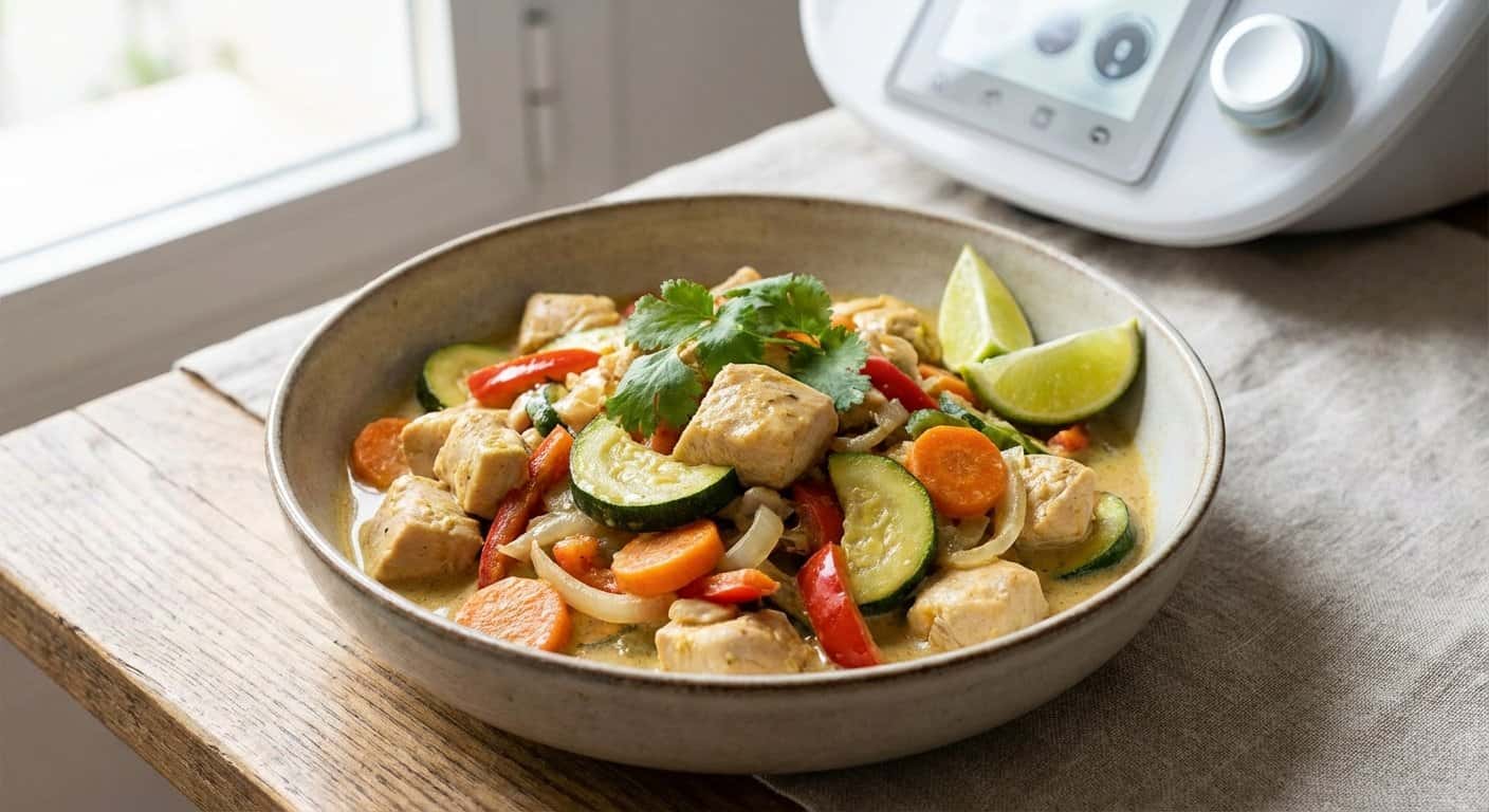 Pollo a la jardinera con calabacín y salsa de coco ligero