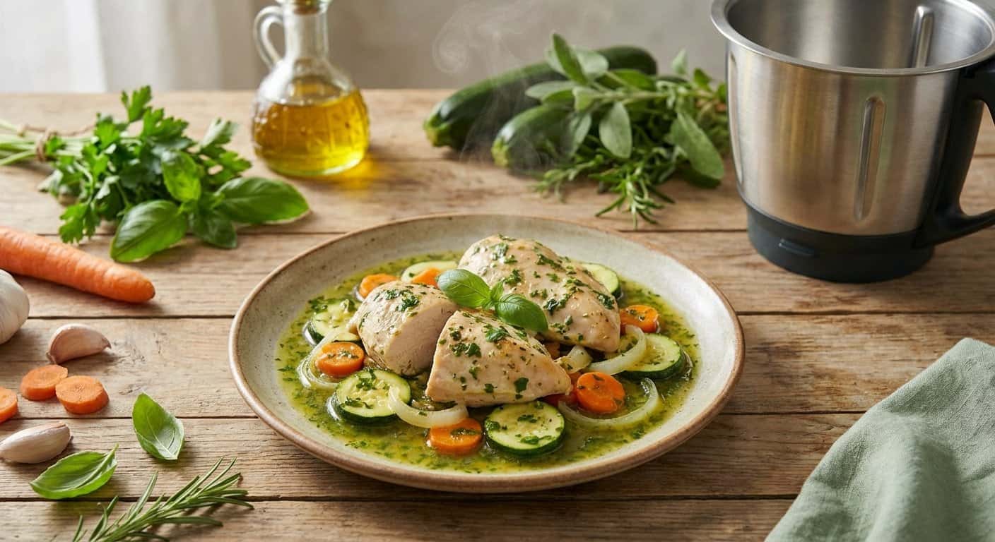 Pollo a la jardinera con calabacín y salsa de hierbas en Thermomix