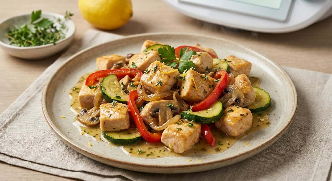 Pollo a la jardinera con calabacín y salsa de limón en Thermomix