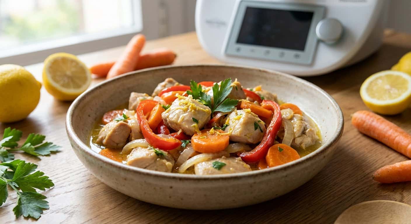 Pollo a la jardinera con zanahoria y salsa de limón en Thermomix