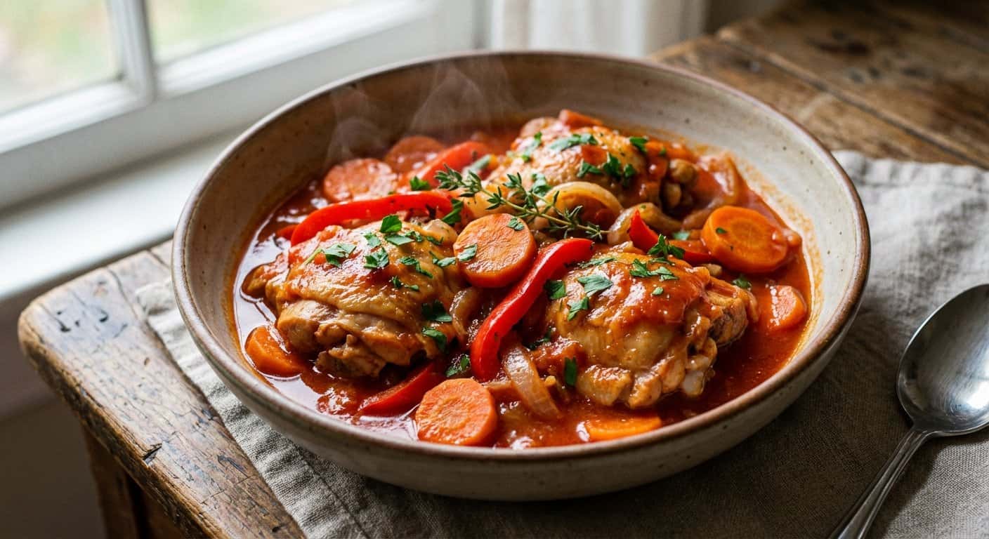 Pollo a la jardinera con zanahoria y salsa de tomate en Thermomix