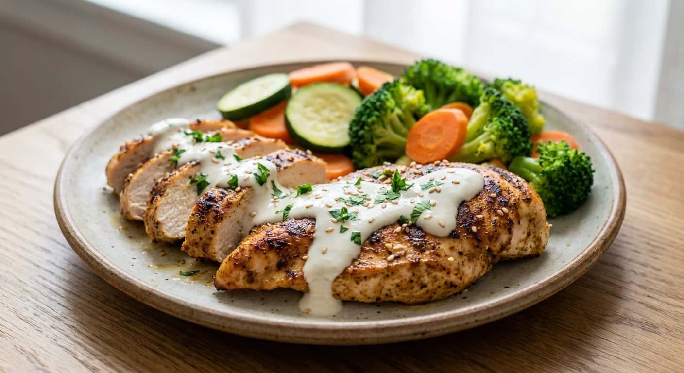 Pollo a la plancha con salsa de tahini ligera y verduras al vapor