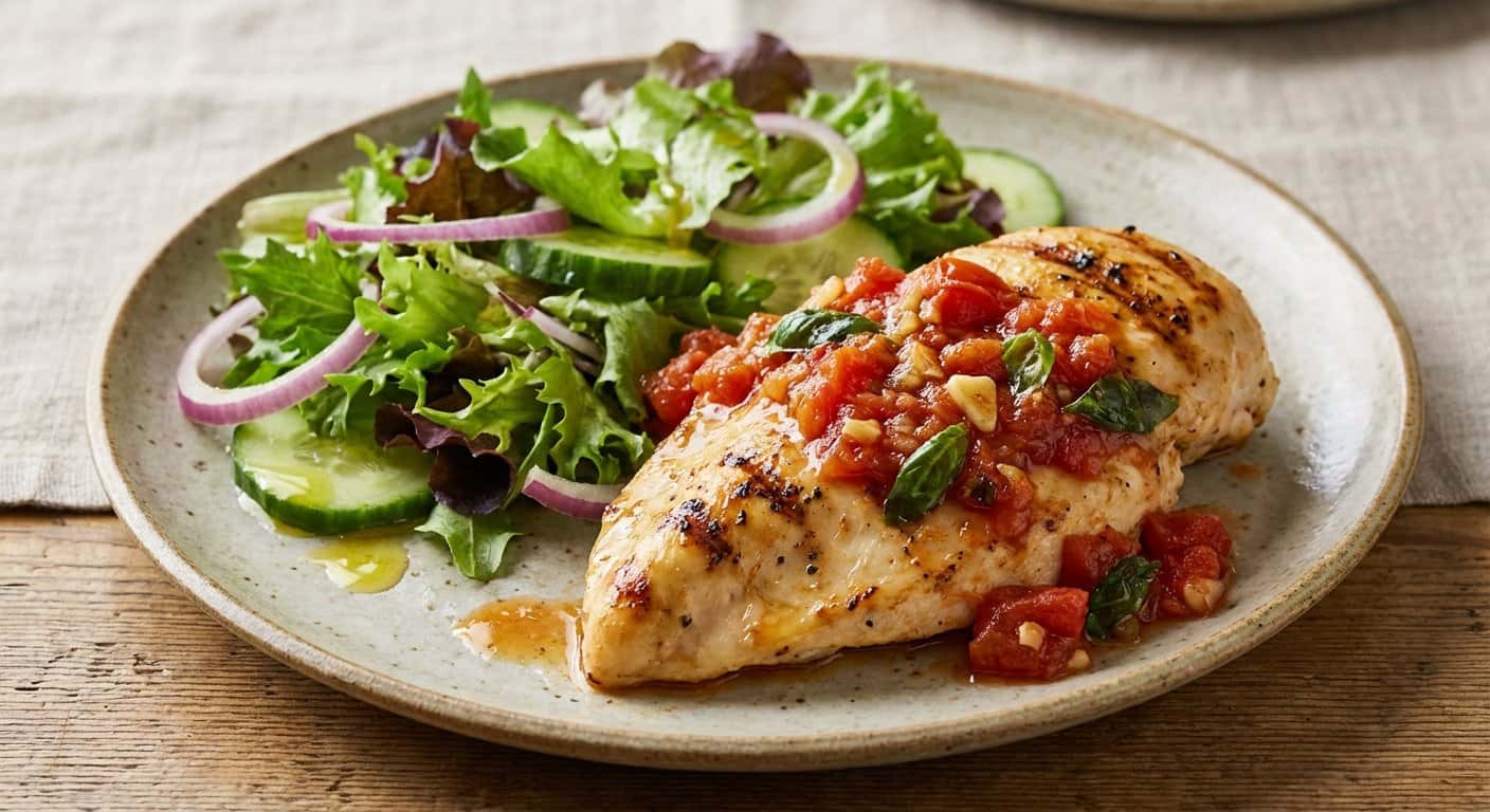 Pollo a la plancha con salsa de tomate natural y ensalada verde