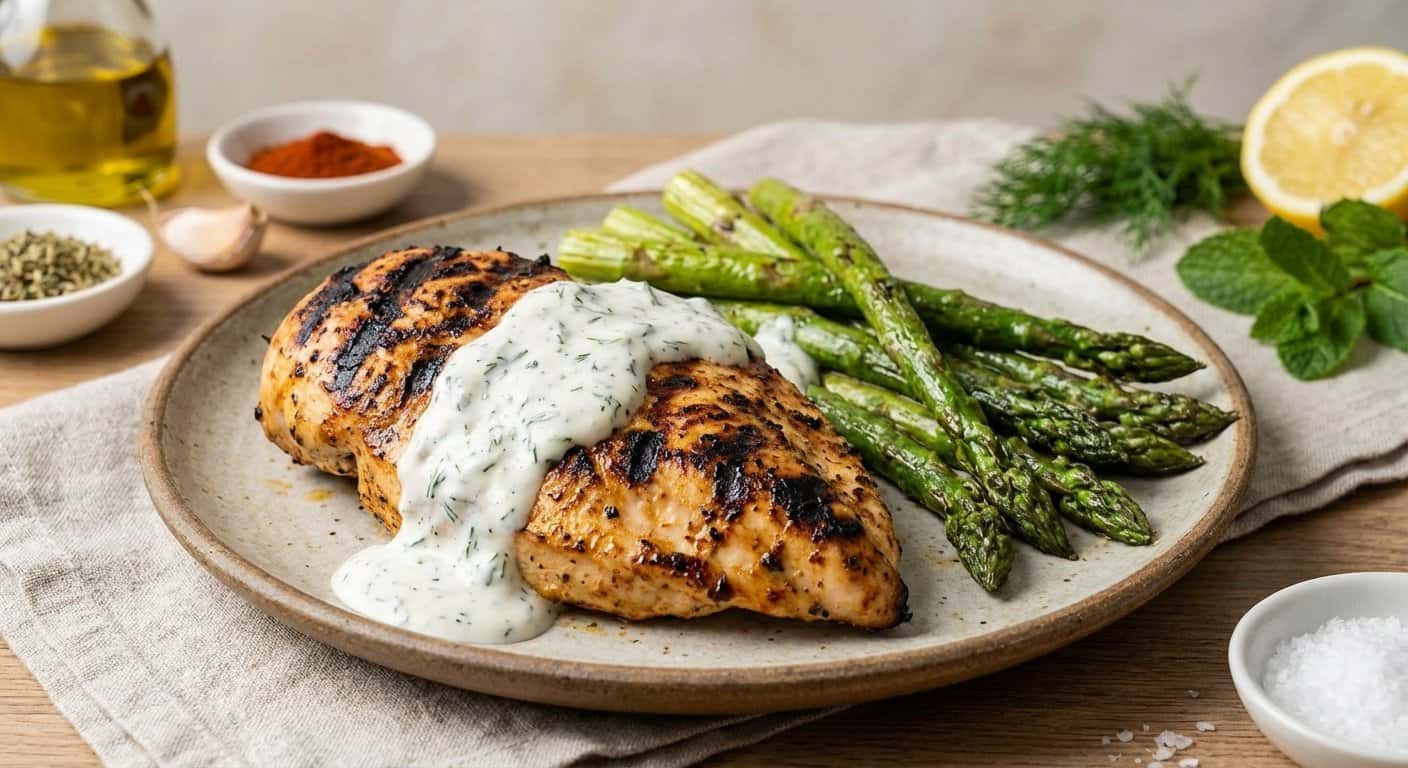 Pollo a la plancha con salsa de yogur y espárragos