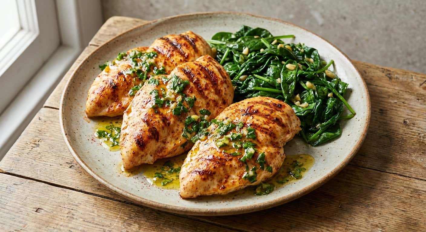 Pollo a la plancha con vinagreta de limón y espinacas