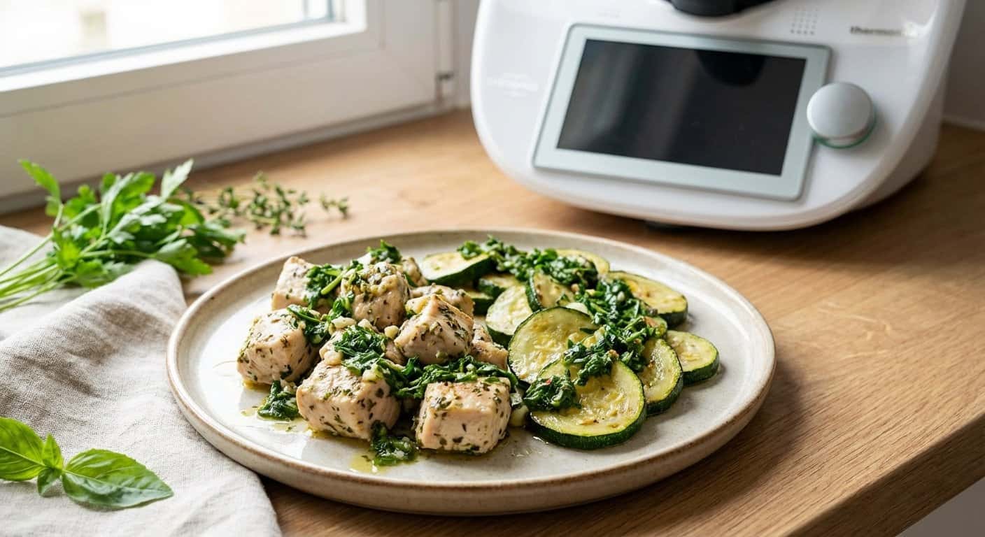 Pollo a la provenzal con calabacín y salsa de hierbas en Thermomix