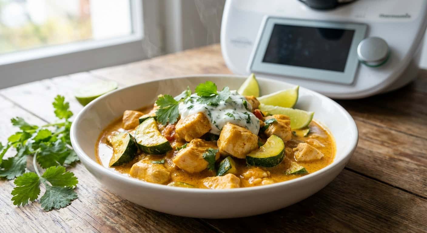 Pollo al curry con calabacín y salsa de yogur en Thermomix