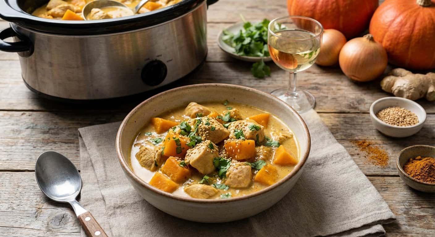 Pollo al Curry Suave con Calabaza y Vino Blanco en Slow Cooker