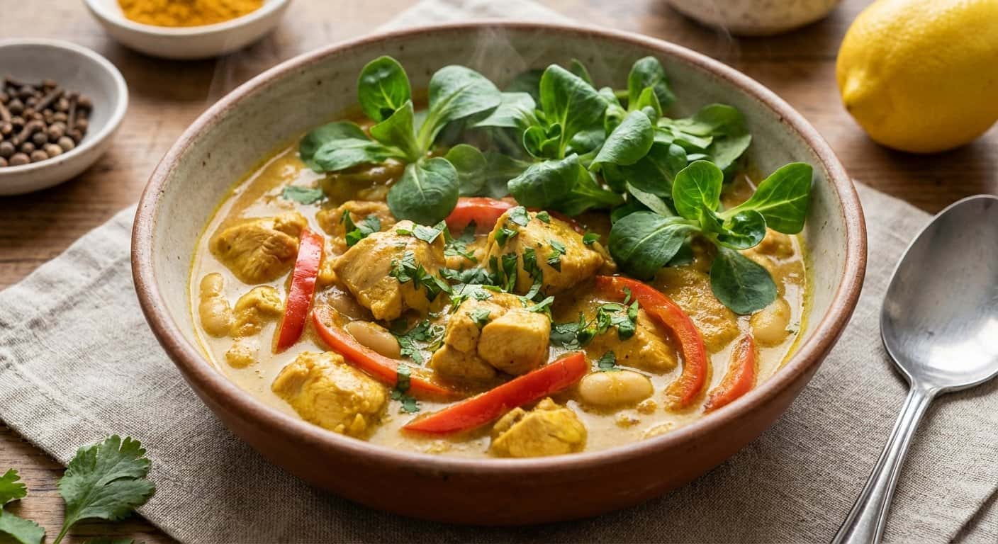 Pollo al Curry Suave con Canónigos y Alubias Blancas