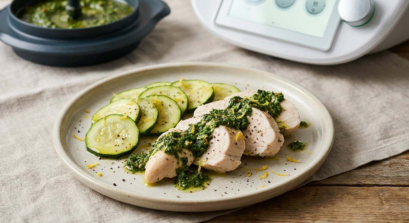 Pollo al vapor con calabacín y salsa de hierbas en Thermomix