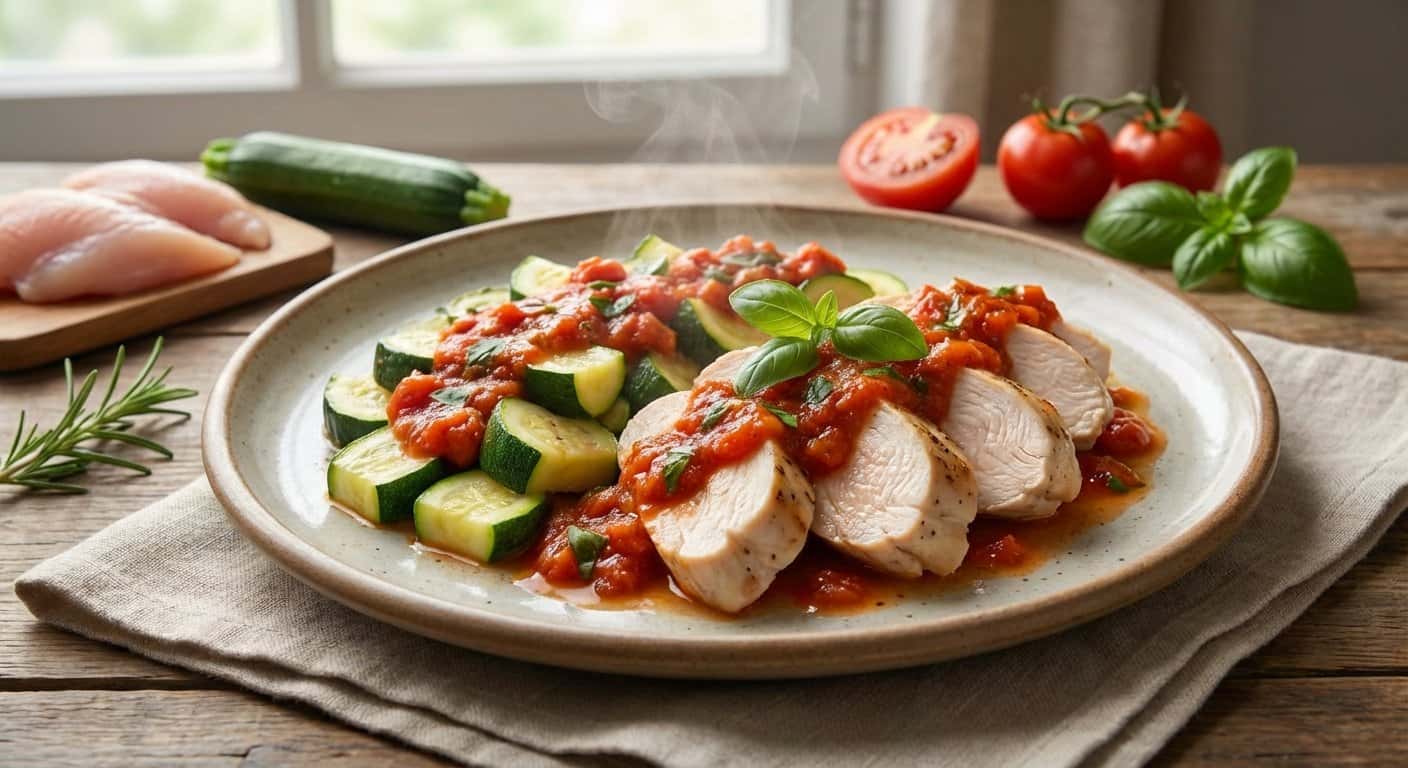 Pollo al vapor con calabacín y salsa de tomate en Thermomix