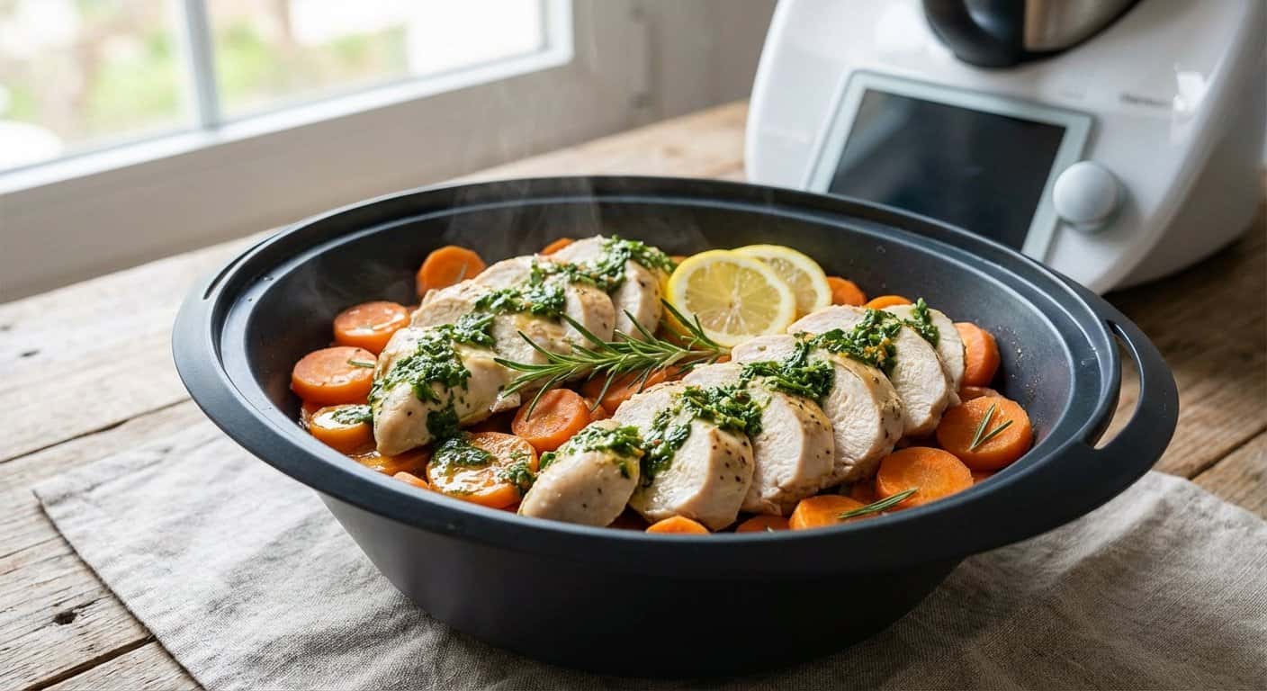 Pollo al Vapor con Zanahoria y Salsa de Hierbas en Thermomix