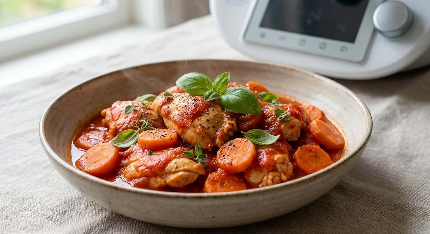 Pollo al vapor con zanahoria y salsa de tomate en Thermomix