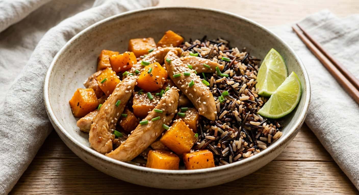 Pollo Asiático con Calabaza y Arroz Salvaje