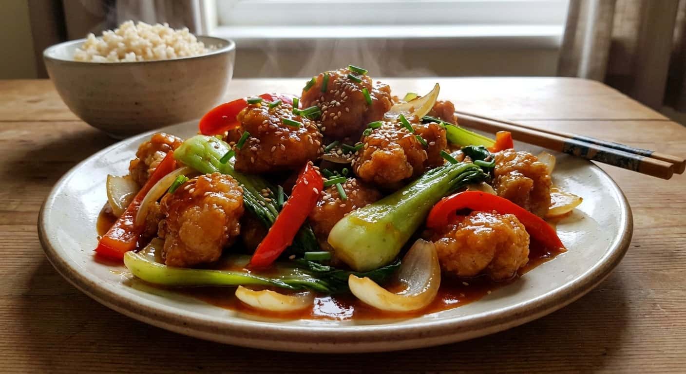 Pollo Cantonesa con Salsa Agridulce y Pak Choi