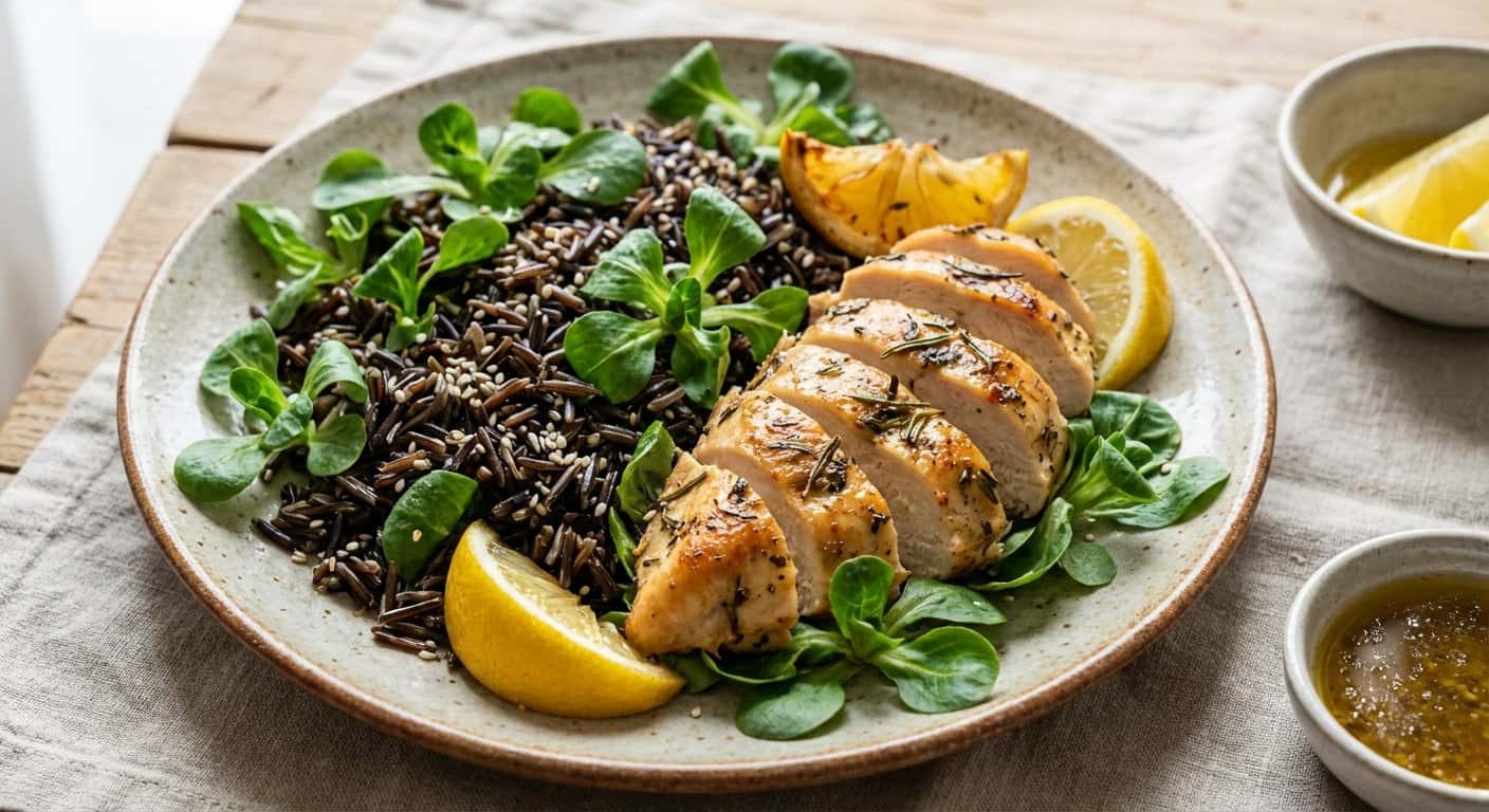 Pollo Casero con Canónigos y Arroz Salvaje