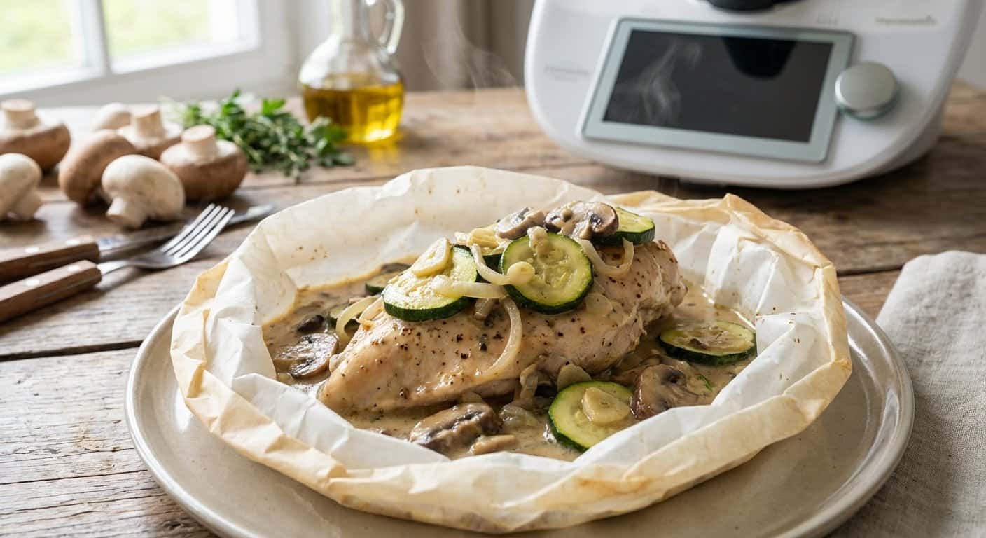 Pollo en papillote con calabacín y salsa de setas en Thermomix