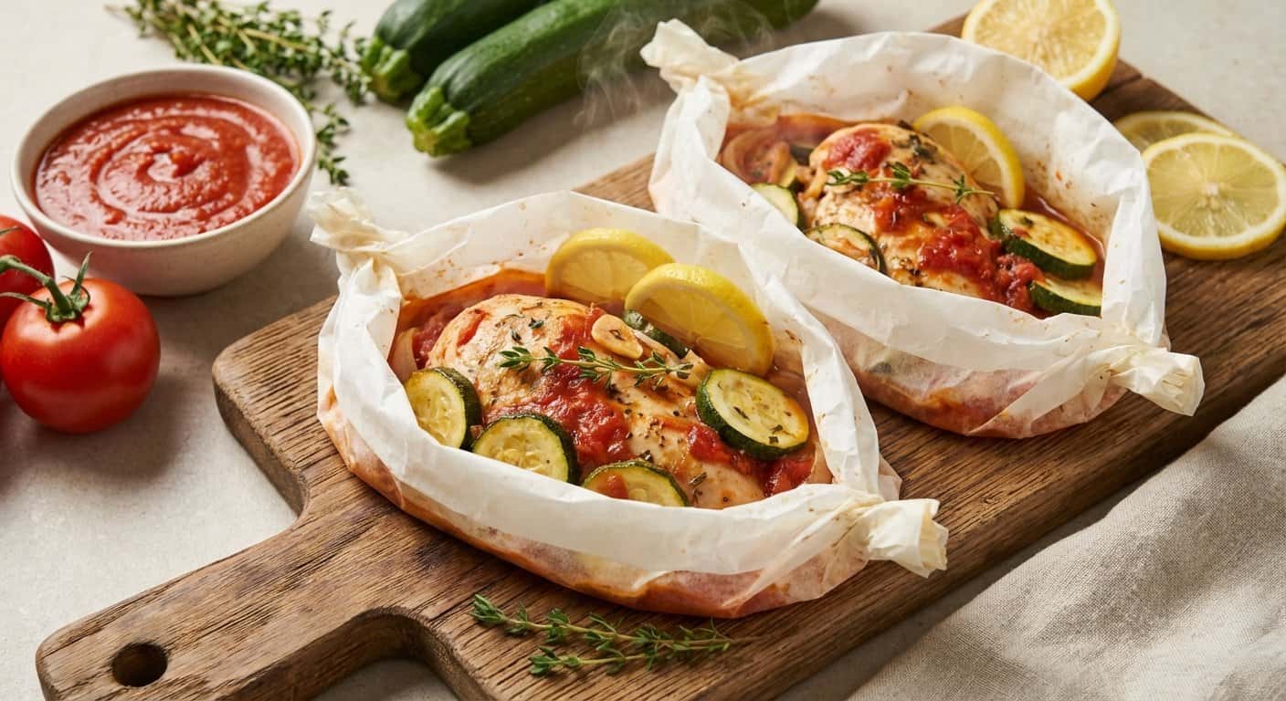 Pollo en papillote con calabacín y salsa de tomate en Thermomix