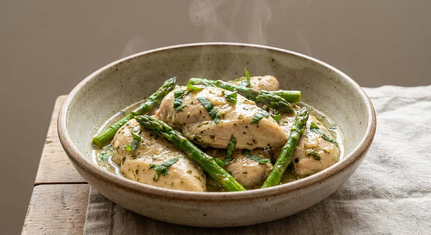 Pollo Guisado Ligero con Espárragos y Albahaca