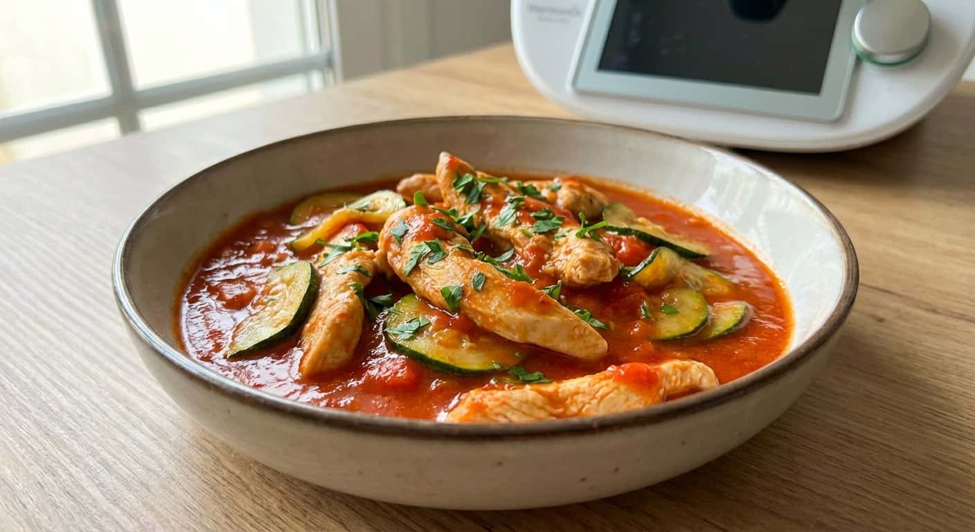 Pollo ligero con calabacín y salsa de pimiento en Thermomix