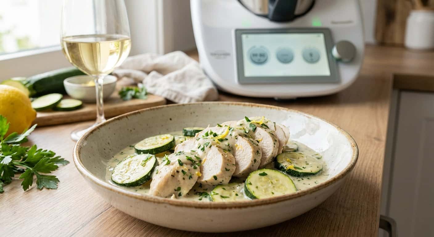 Pollo ligero con calabacín y salsa de vino blanco en Thermomix
