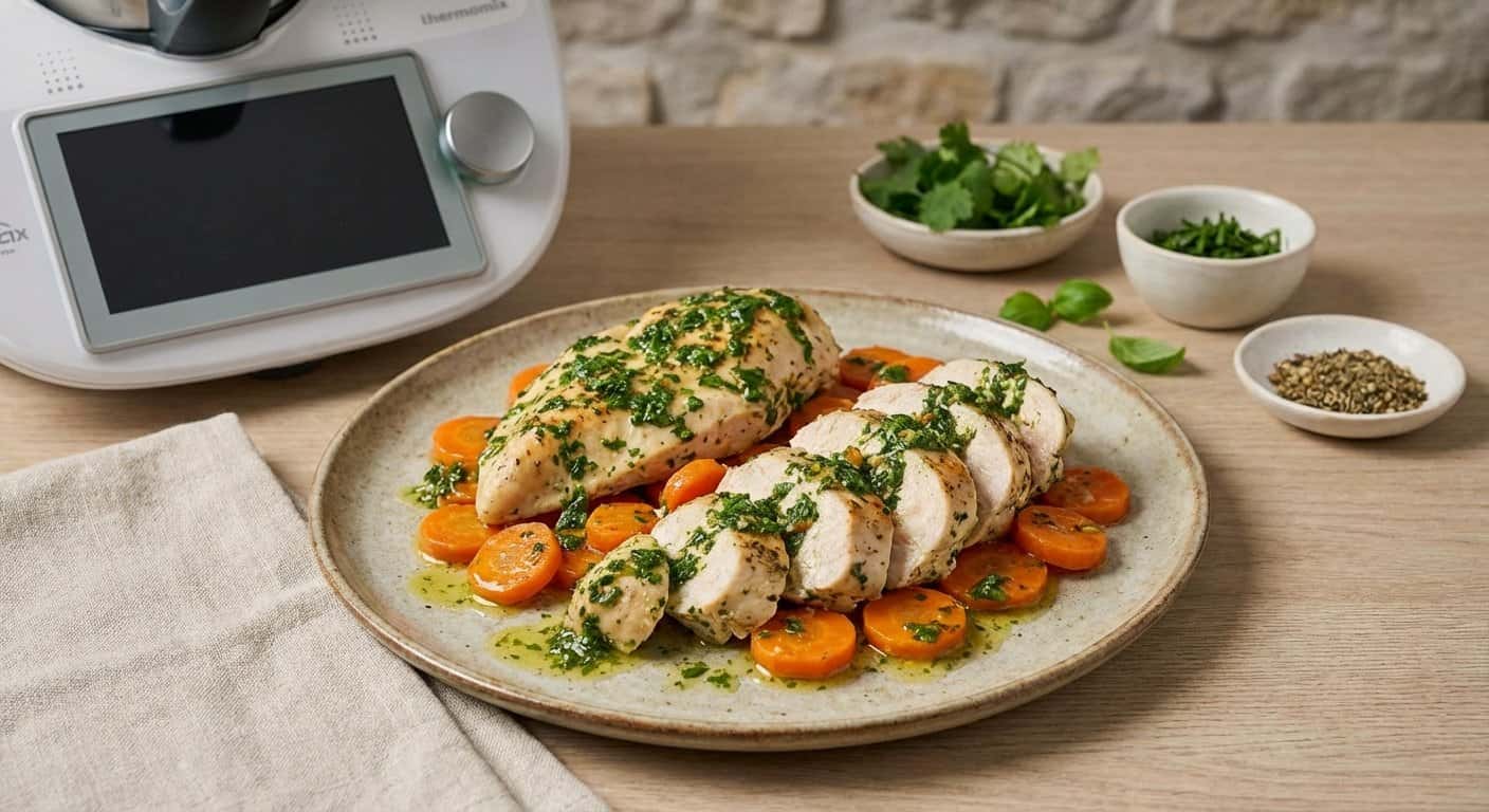 Pollo ligero con zanahoria y salsa de hierbas en Thermomix
