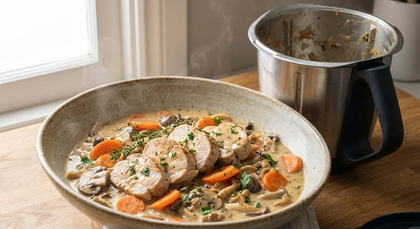 Pollo ligero con zanahoria y salsa de setas en Thermomix