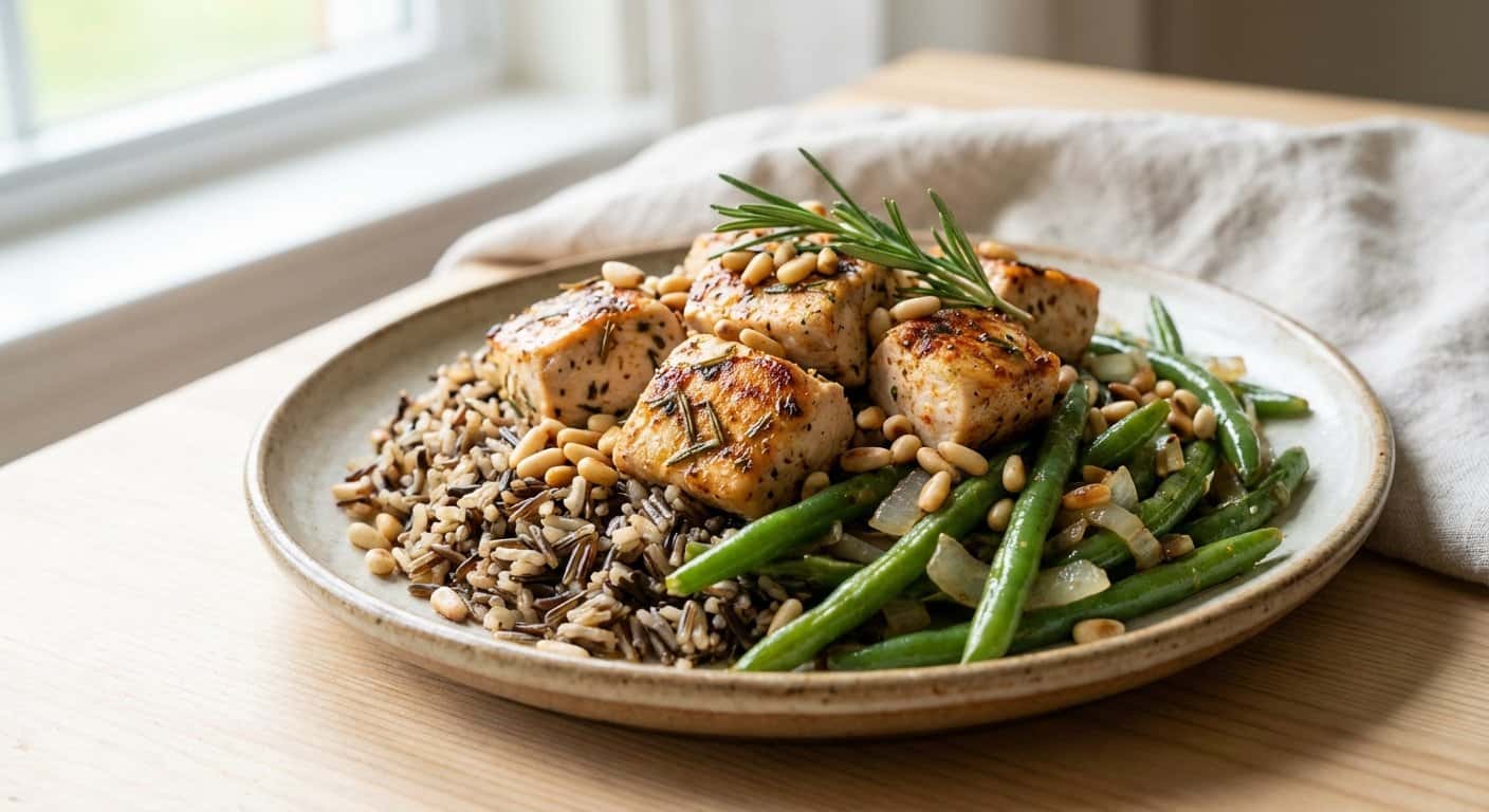 Pollo mediterráneo con judías verdes y arroz salvaje