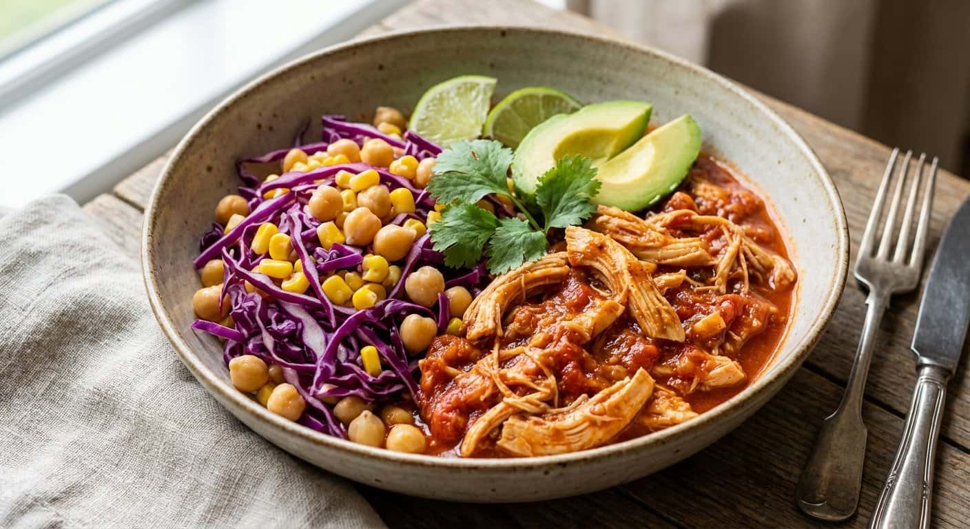Pollo Mexicano Suave con Col Lombarda y Garbanzos