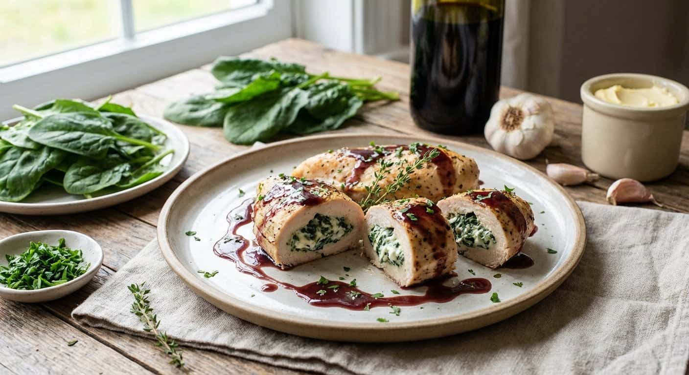 Pollo Relleno de Queso Crema y Espinacas con Reducción de Vino