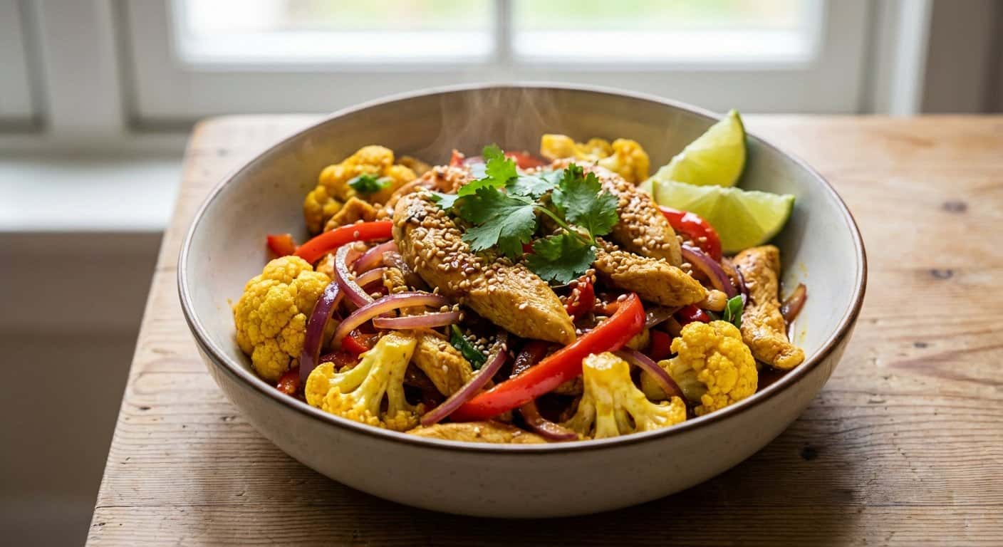 Pollo Salteado con Coliflor y Comino