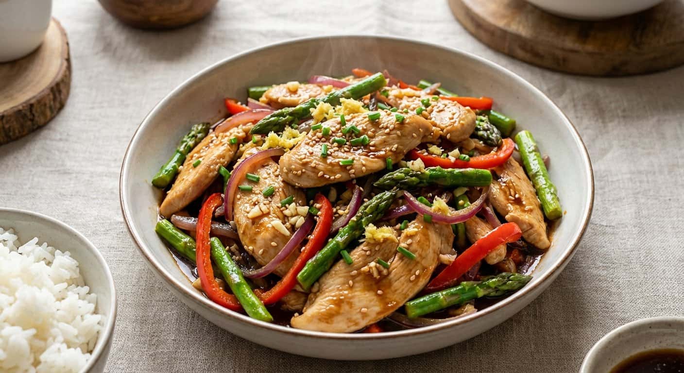 Pollo Salteado con Espárragos y Jengibre