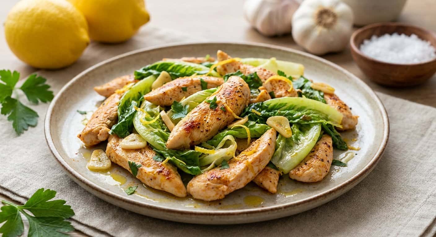 Pollo Salteado con Lechuga Romana, Ajo y Limón